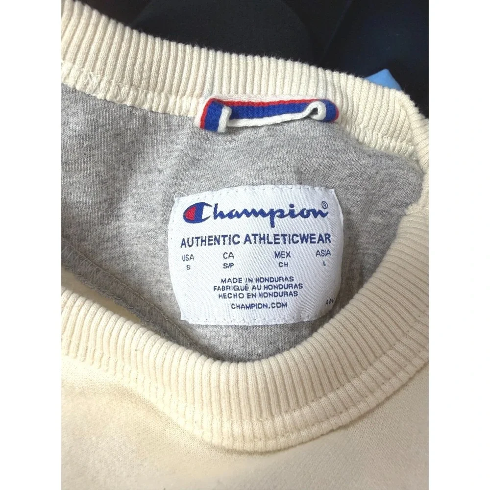 Champion Mens Small Cream Script Logo Crewneck Sweatshirt GF88H Off White Fleece